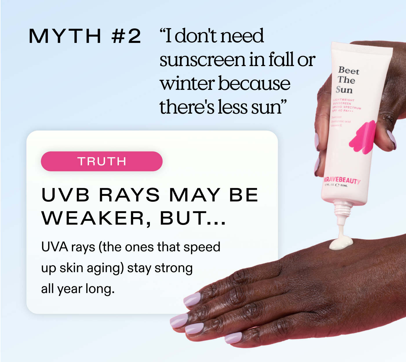 Myth #2: "I don't need sunscreen in fall or winter because there's less sun." | Truth: UVA rays may be weaker, but UVA rays (the ones that speed up skin aging) stay strong all year long.