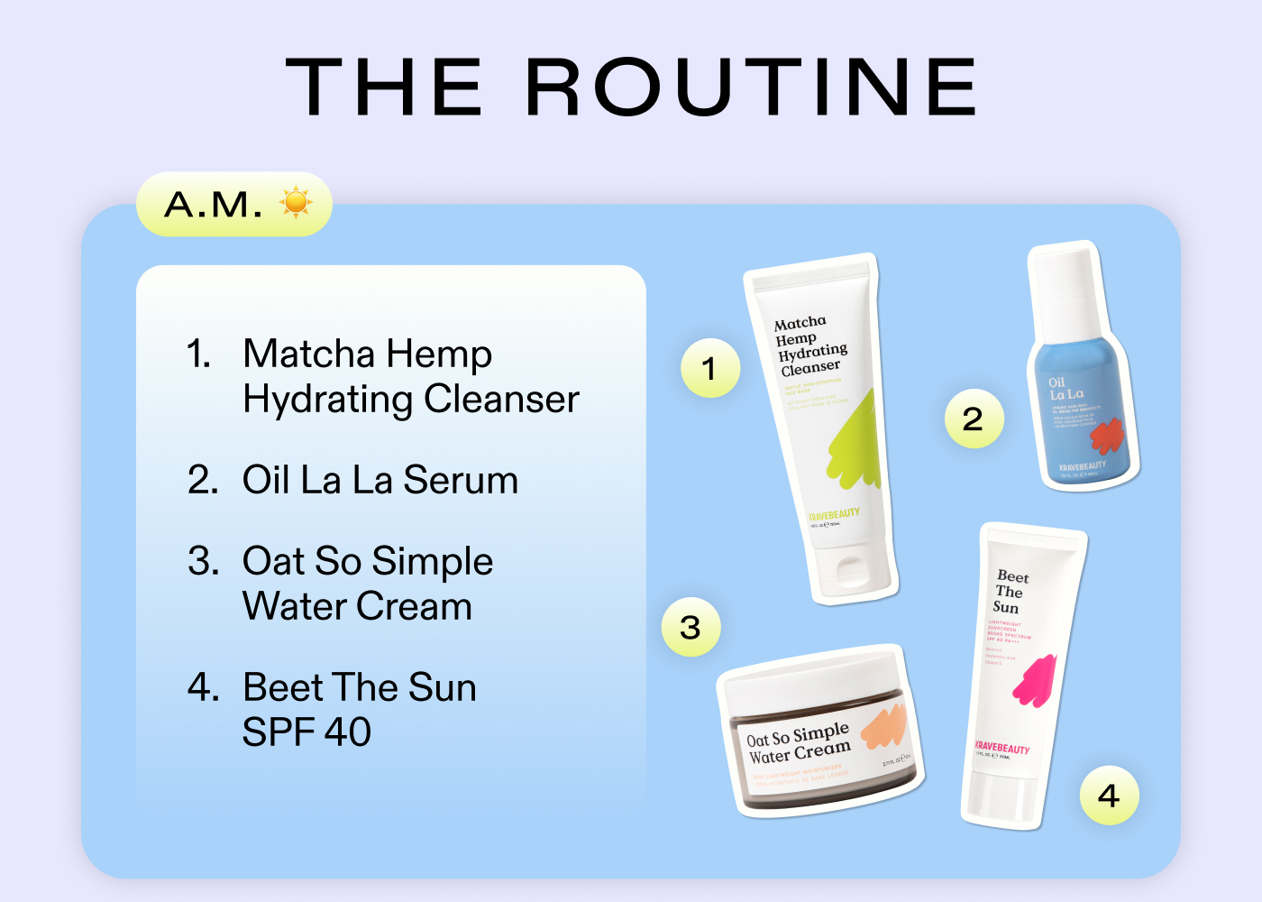 The Routine: A.M. 1. Matcha Hemp Hydrating Cleanser  2. Oil La La  3. Oat So Simple Water Cream  4. Beet The Sun SPF 40 PA