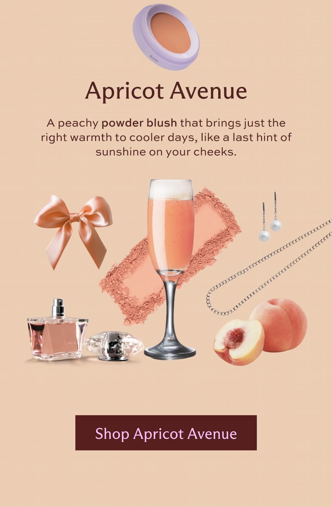 Apricot Avenue. A peachy powder blush that brings just the right warmth to cooler days, like a last hint of sunshine on your cheeks. [ Shop Apricot Avenue ]