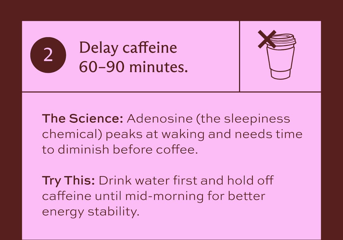 2. Delay caffeine 60-90 minutes. The Science: Adenosine (the sleepiness chemical) peaks at waking ad Neds time to diminish before coffee. Try This: Drink water first and hold off caffeine until mid-morning for better energy stability.