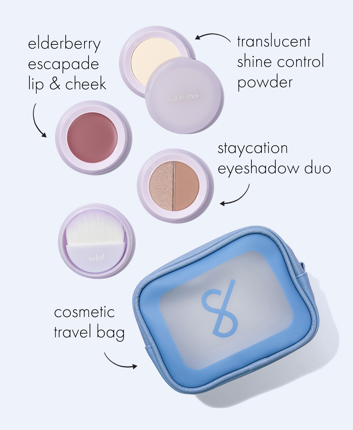 take a peek inside the set: elderberry escapade lip & cheek, translucent shine control powder, staycation eyeshadow duo, and the cosmetic travel bag.