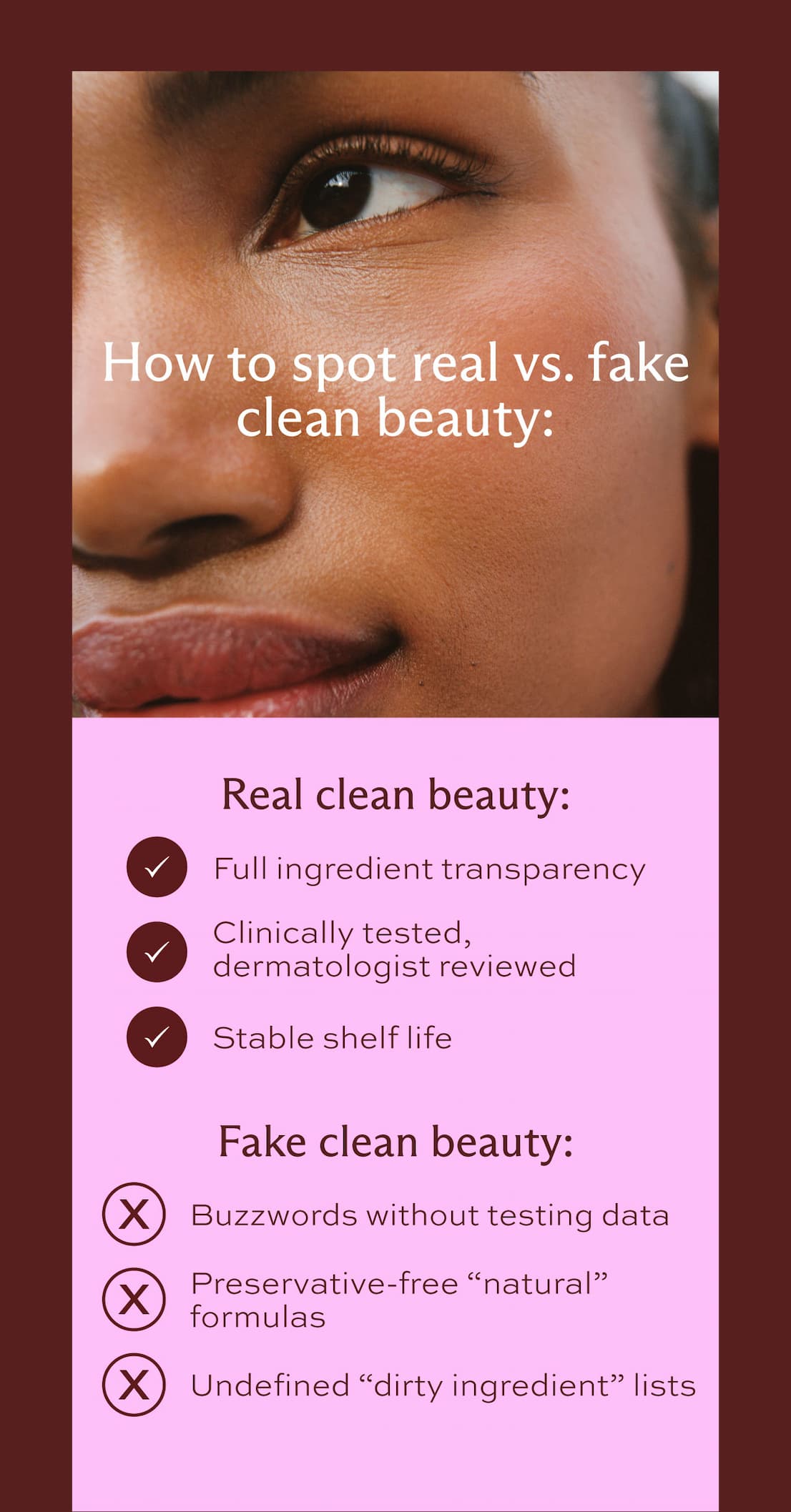 How to spot real vs. fake clean beauty: Real clean beauty has full ingredient transparency, is clinically tested and dermatologist reviewed, and has a stable shelf life. Fake clean beauty uses buzzwords without testing data, has preservative-free "natural" formulas, and undefined "dirty ingredient" lists.