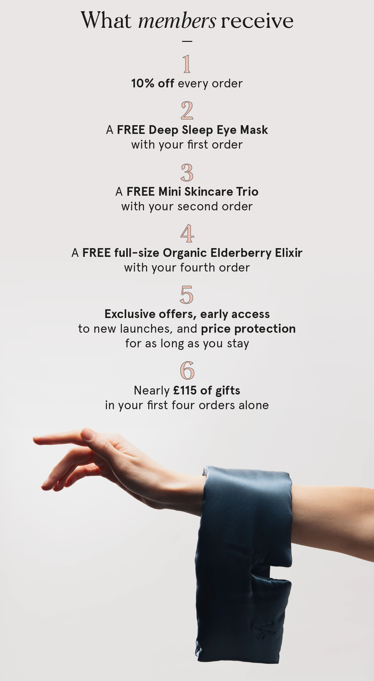 What members receive: 10% off every order and nearly 115 of gifts in your first four orders