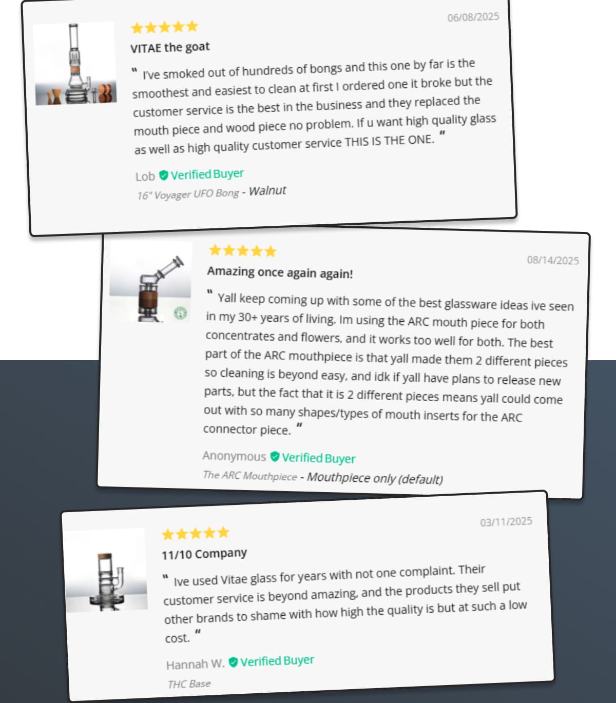 VITAE the goat: "I've smoked out of hundreds of bongs and this one by far is the smoothest and easiest to clean at first I ordered one it broke but the customer service is the best in the business and they replaced the mouth piece and wood piece no problem. If you want high quality glass as well as high quality customer service, this is the one!"