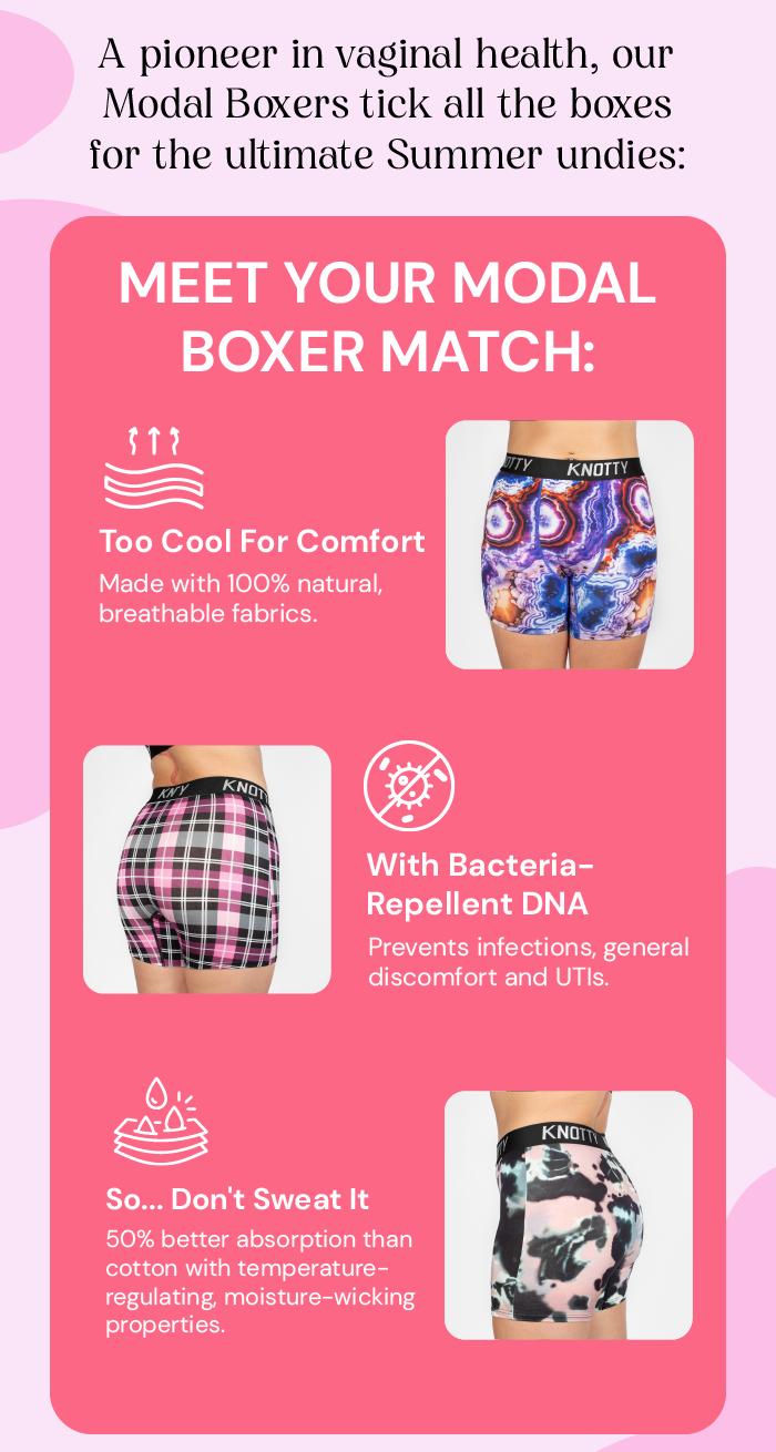 A pioneer in vaginal health, our Modal Boxers tick all the boxes for the ultimate Summer undies:    MEET YOUR MODAL BOXER MATCH:    Too Cool for comfort  Made with 100% natural, breathable fabrics.    With Bacteria-repellent DNA  Prevents infections, general discomfort and UTIs.    So... Don't Sweat It  50% better absorption than cotton with temperature-regulating, moisture-wicking properties.
