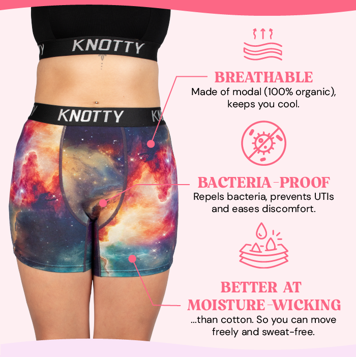 BREATHABLE  Made of modal (100% organic), keeps you cool.     BACTERIA-PROOF  Repels bacteria, prevents UTIs and eases discomfort.    BETTER AT MOISTURE-WICKING   ...than cotton. So you can move freely and sweat-free.