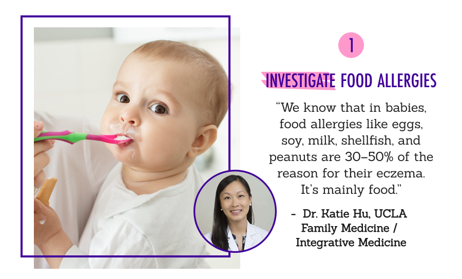 1️⃣ Investigate Food Allergies - “We know that in babies, food allergies like eggs, soy, milk, shellfish, and peanuts are 30–50% of the reason for their eczema. It’s mainly food.” – Dr. Katie Hu, UCLA Family Medicine / Integrative Medicine