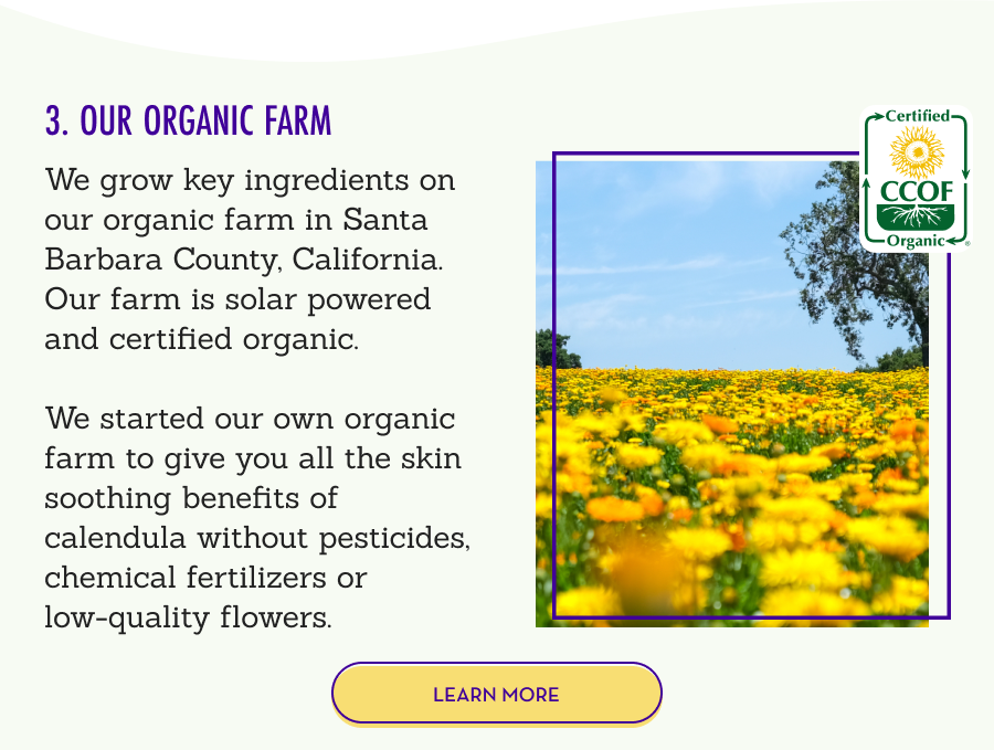 3. Our Organic Farm - We grow key ingredients on our organic farm in Santa Barbara County, California. Our farm is solar powered and certified organic. We started our own organic farm to give you all the skin soothing benefits of calendula without pesticides, chemical fertilizers or low-quality flowers. LEARN MORE