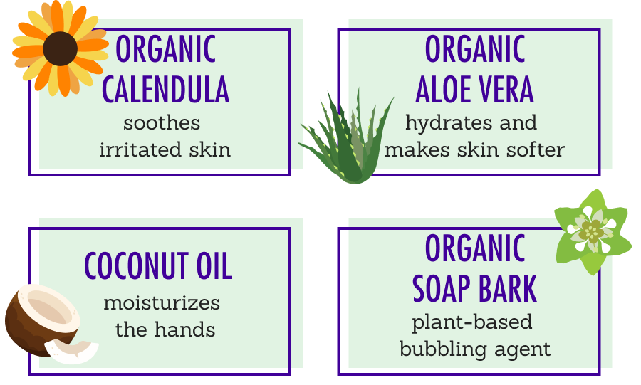 Organic Calendula, Organic Aloe Vera, Coconut Oil. Organic Soap Bark
