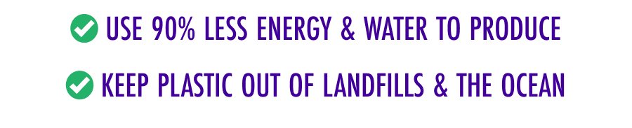 ✅ Use 90% less energy & water to produce ✅ Keep plastic out of landfills & the ocean