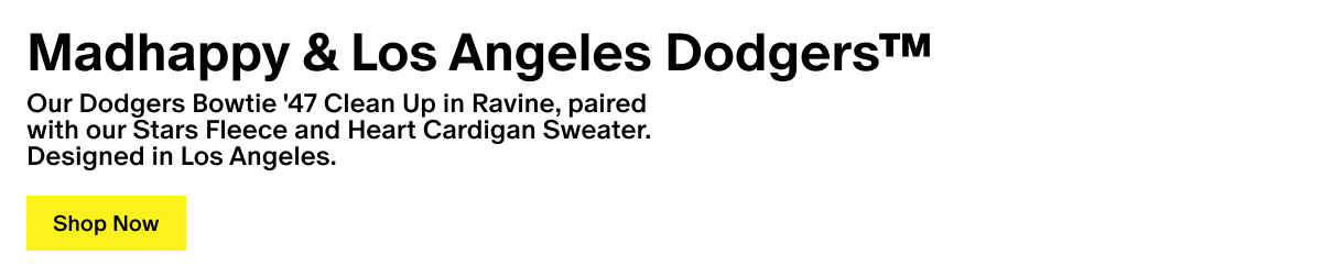 Madhappy & Los Angeles Dodgers™ - Our Dodgers Bowtie '47 Clean Up in Ravine, paired with our Stars Fleece and Heart Cardigan Sweater. Designed in Los Angeles.