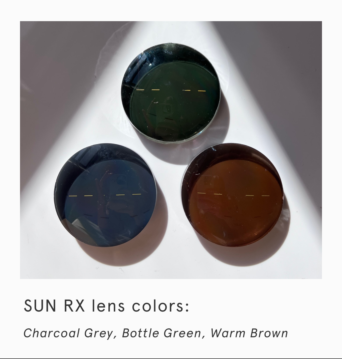 SUN RX lens colors: Charcoal Grey, Bottle Green, Warm Brown