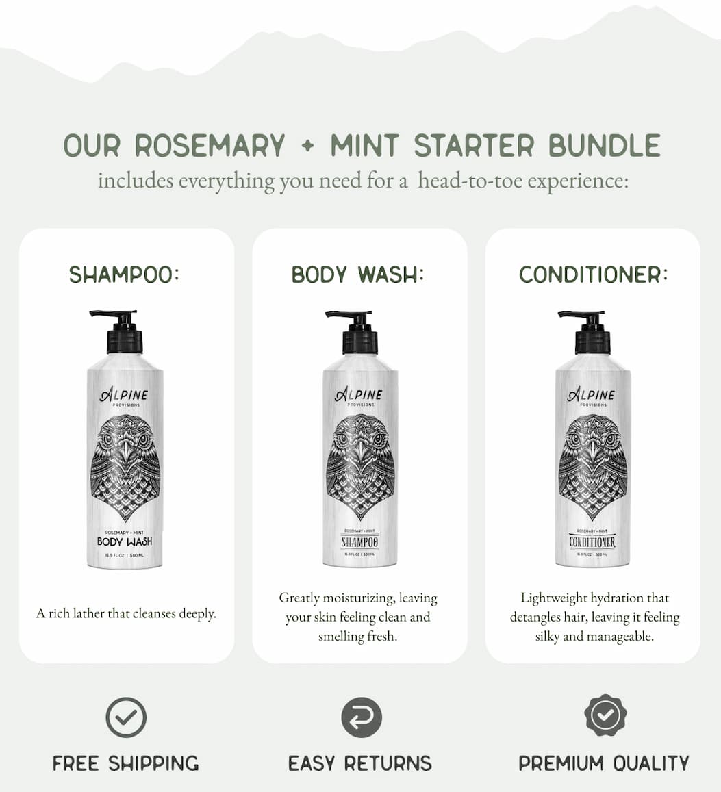 Our Rosemary + Mint Starter Bundle: A rich lather that cleanses deeply, a greatly moisturizing shampoo, and a conditioner that detangles hair.