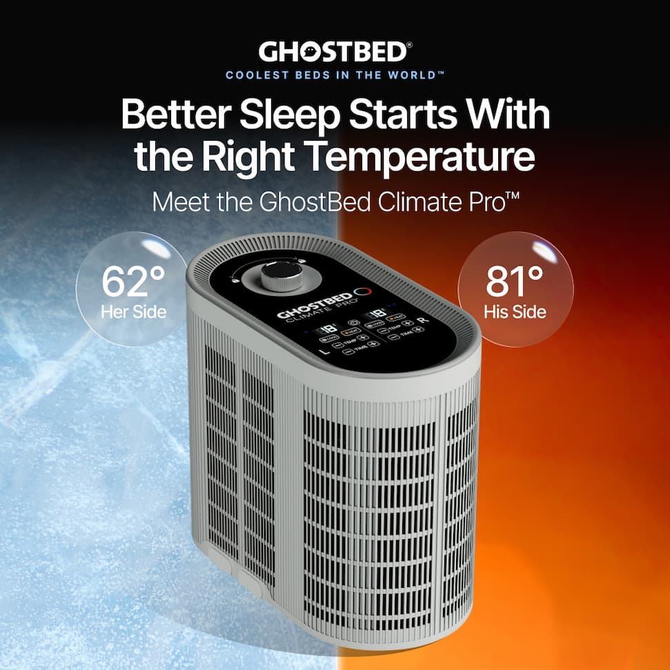 GhostBed Climate Pro dual-zone cooling and heating mattress cover lifestyle image