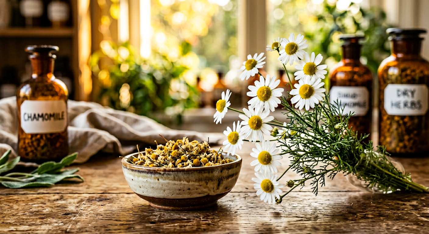 Fresh chamomile flowers in golden light with dried chamomile in a ceramic bowl, botanical apothecary aesthetic