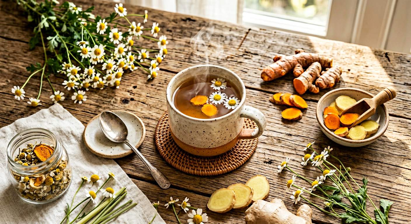 Steaming cup of herbal tea surrounded by fresh chamomile flowers, turmeric root, and ginger on a wooden table in warm morning light