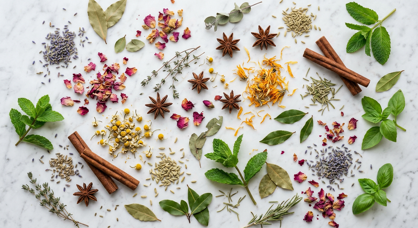 Assorted dried herbs, flower petals, and botanical ingredients on a light marble surface