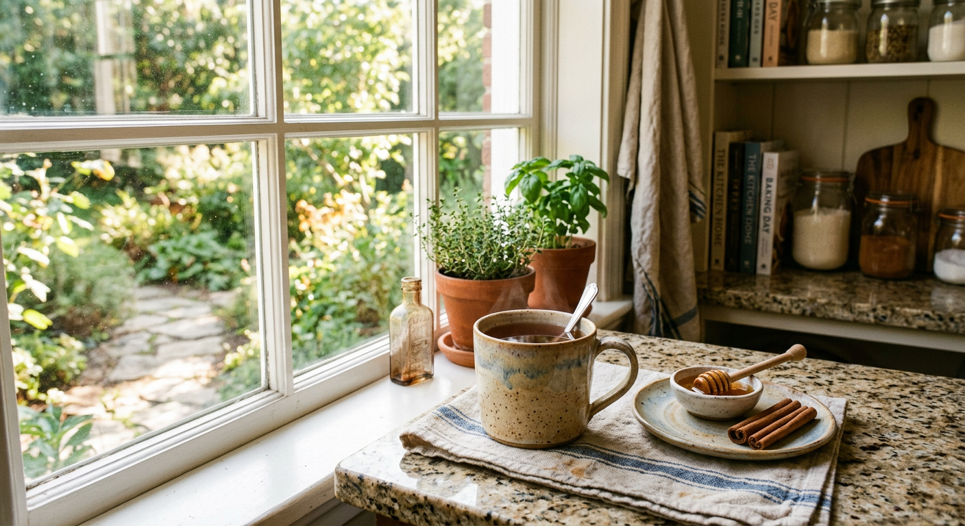 Warm kitchen scene with a ceramic mug of herbal tea