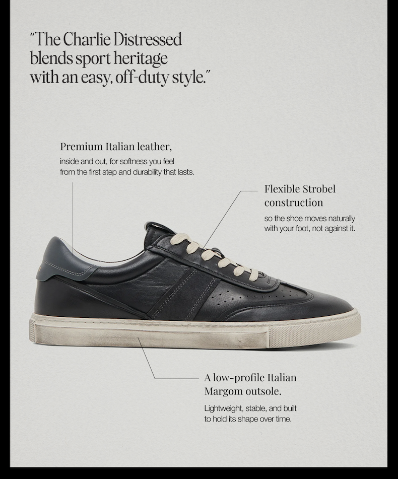 he Charlie Distressed blends sport heritage with an easy, off-duty style.