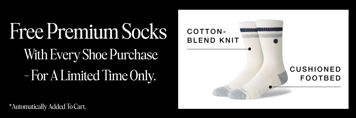 Free premium socks with every shoe Purchase  — for a limited time only. 