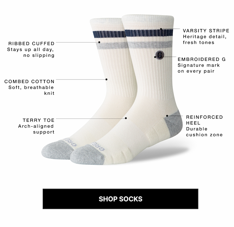 Ribbed Cuffed, Varsity Stripe, Combed Cotton, Embroidered G, Reinforced Heel, Terry Toe
