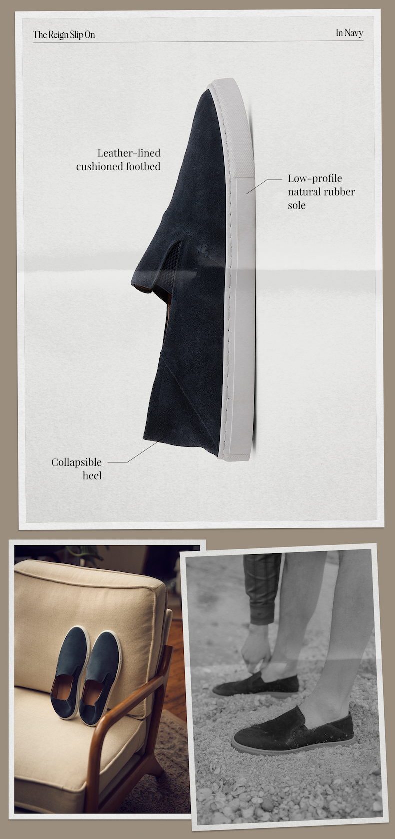 Collapsible heel, leather-lined cushioned foot and low-profile natural rubber sole.