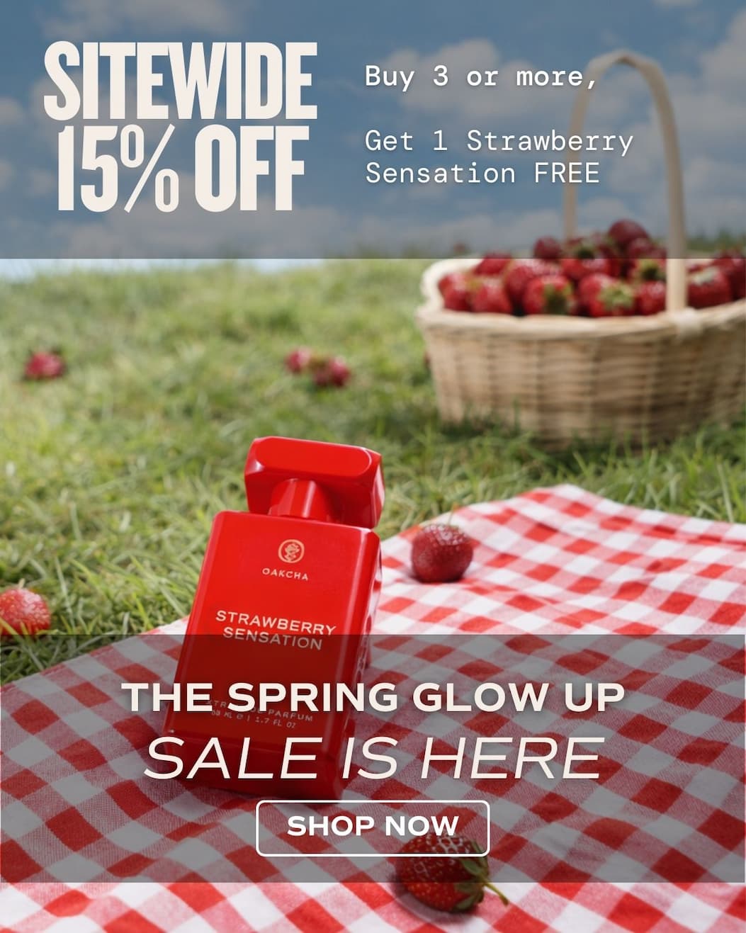 Oakcha. Buy 3 at 15% off, get FREE Strawberry Sensation! The Spring Glow Up Sale is Here. SHOP NOW.