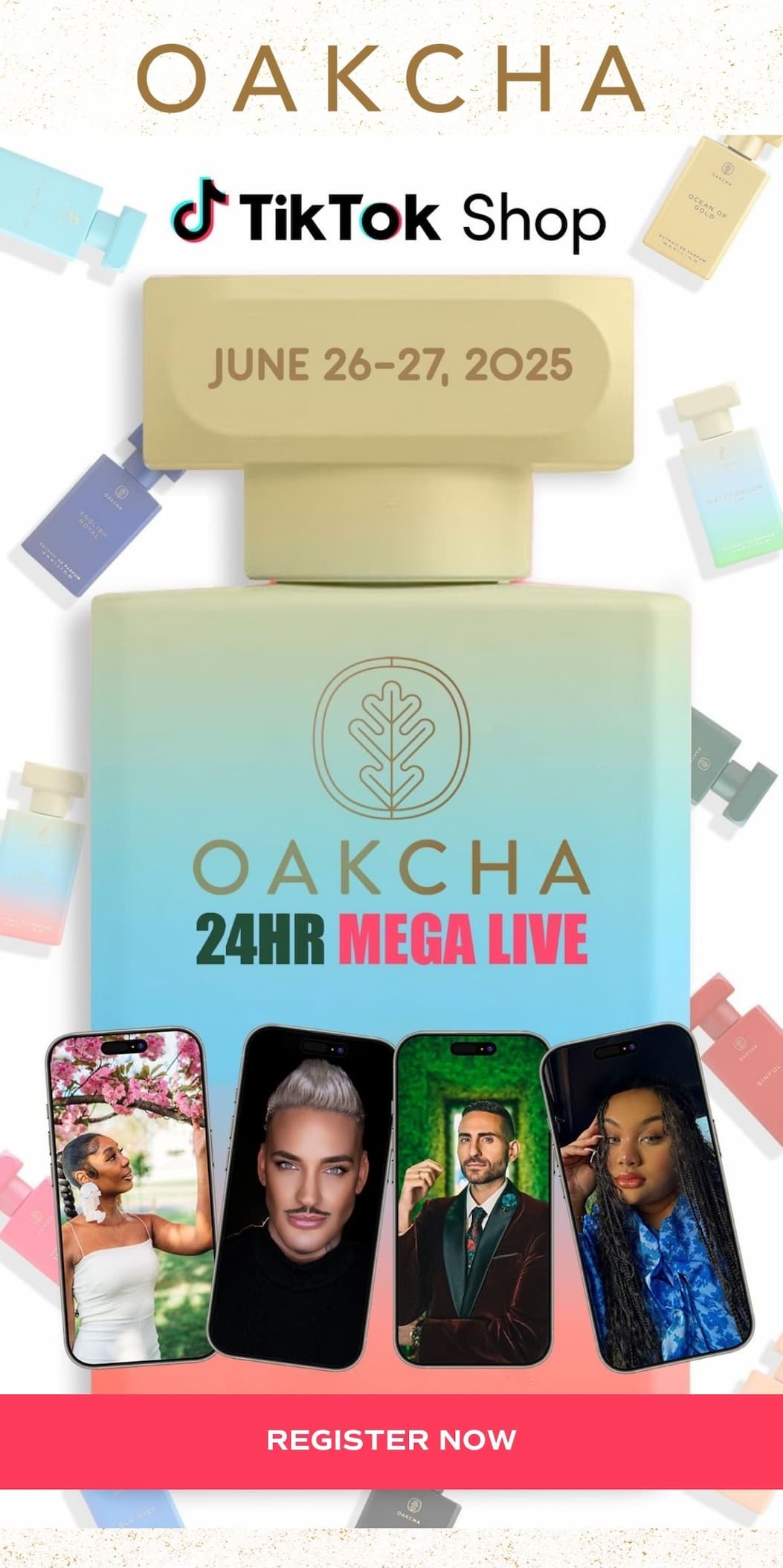 Oakcha. Let's talk perfume, Oakcha & Deals. Tiktok Mega Live with co-hosts Daniel Rene and Brianna. This Thursday 12 PM ET to 12 AM ET, Live at @oakcha