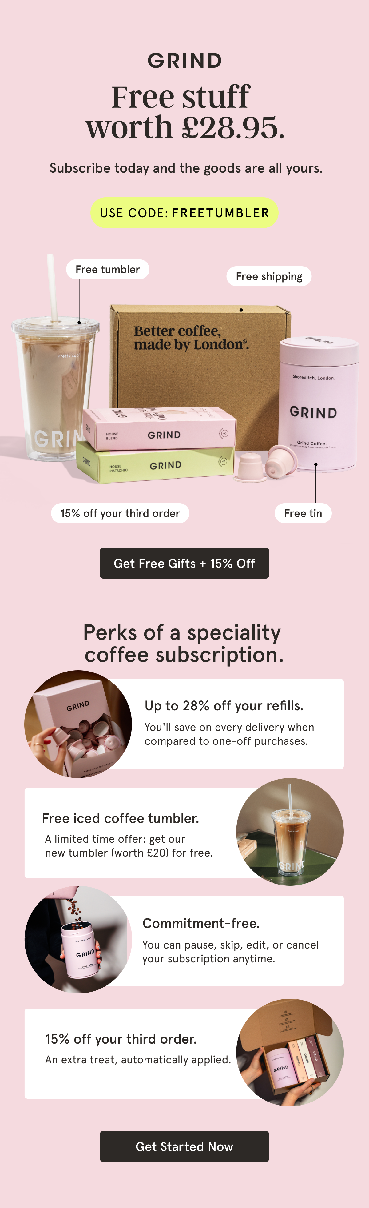 Get a free tumbler and 15% off your third order when you start a subscription!
