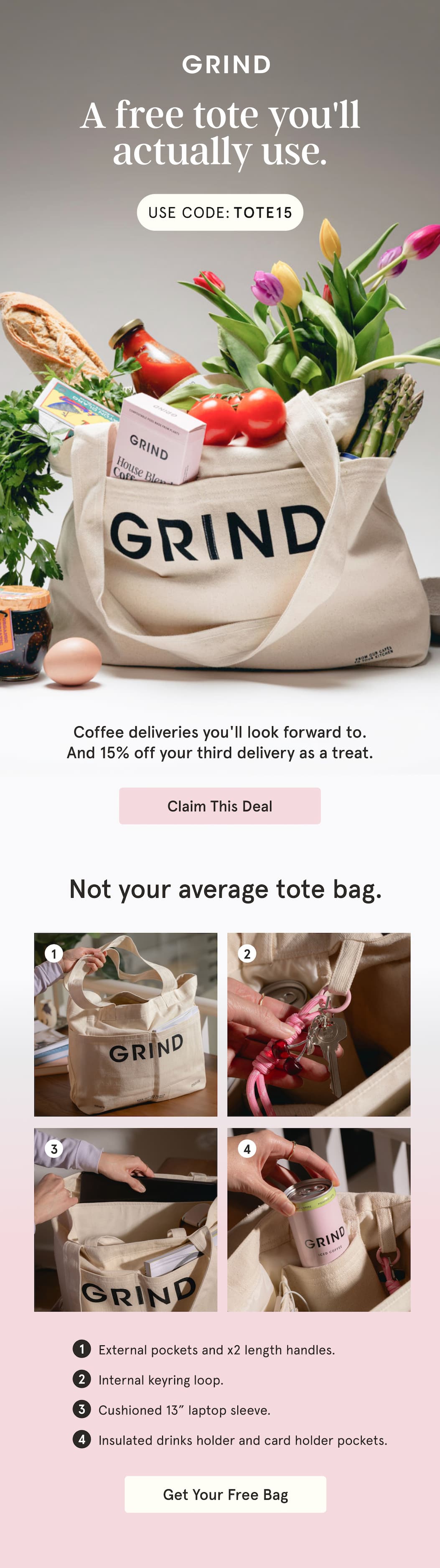 Get a free tote & 15% off your third order with a coffee subscription!