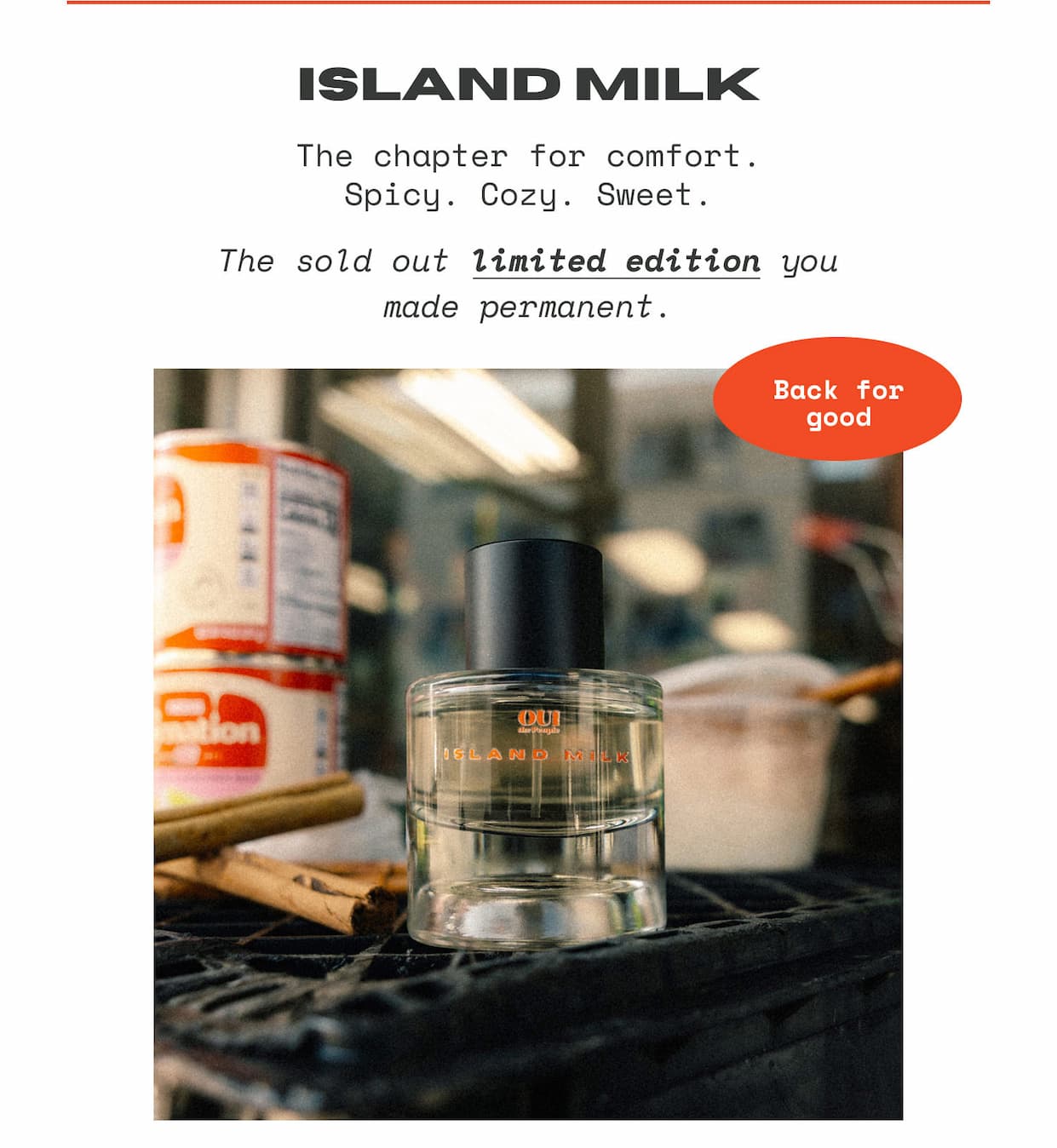 Island Milk: The chapter for comfort. Spicy. Cozy. Sweet. The sold out limited edition you made permanent.