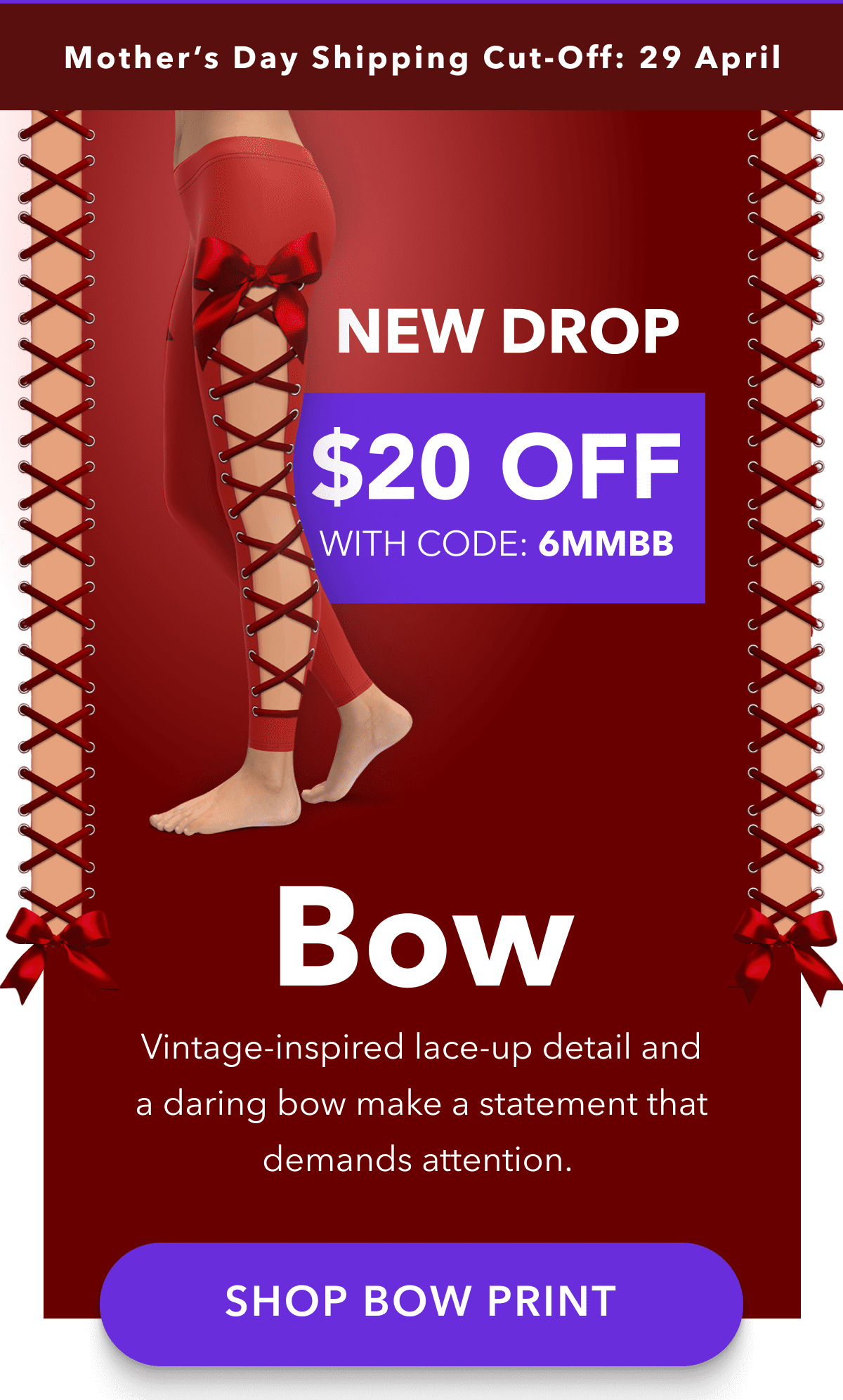 New Drop:  Bow.   Vintage-inspired lace-up detail and a daring bow make a statement that demands attention.