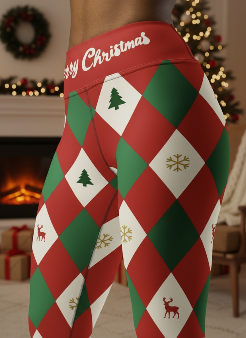 an image of a woman in a red and green christmas leggings