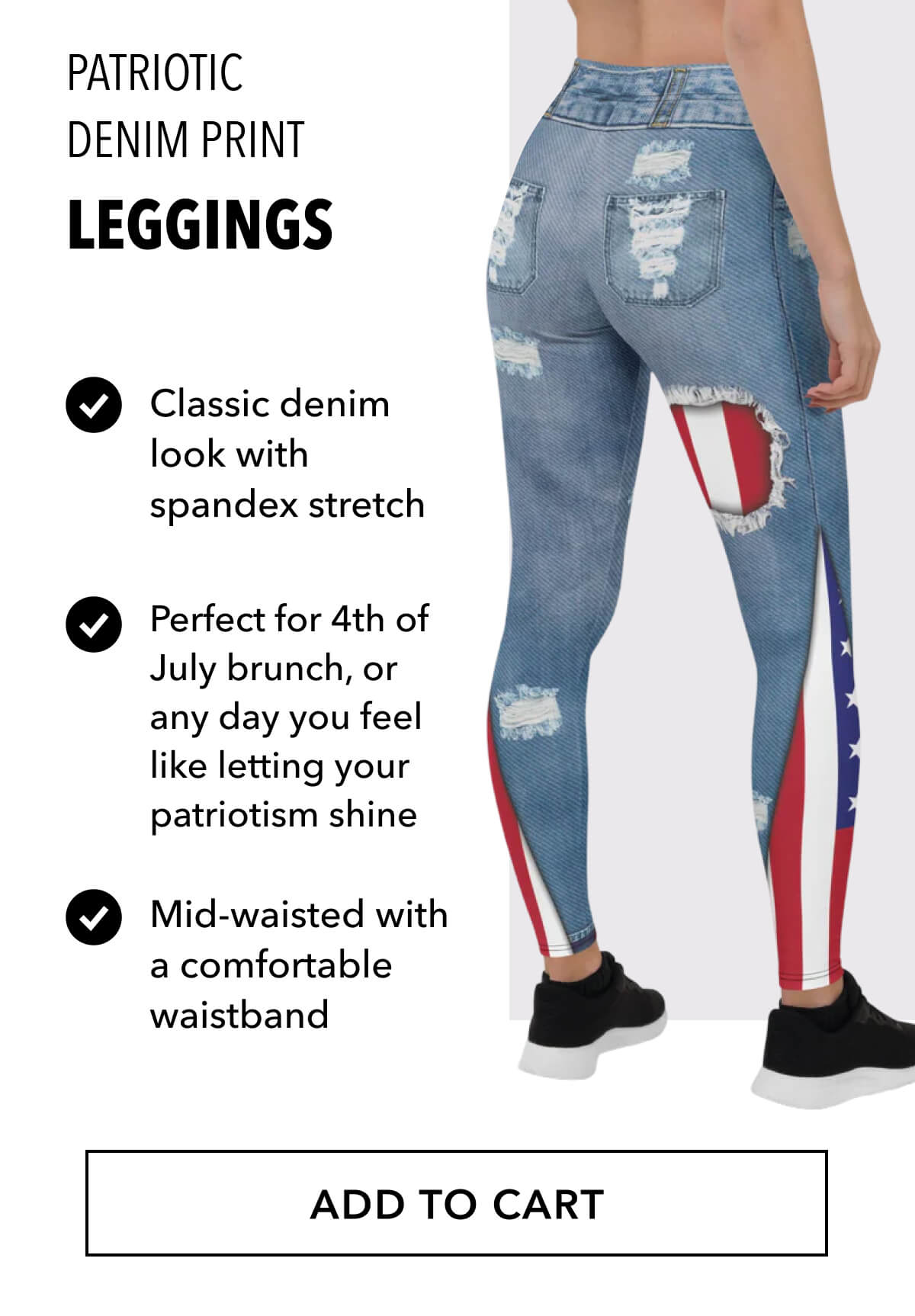 Patriotic Denim Print Leggings Classic denim look with spandex stretch  Idea for 4th of July brunch, or any day you feel like letting your patriotism shine Mid-waisted with a comfortable waistband