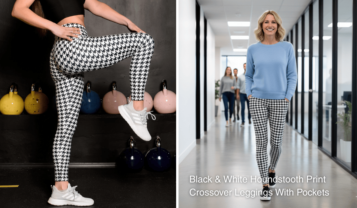Black & White Houndstooth Print Crossover Leggings With Pockets