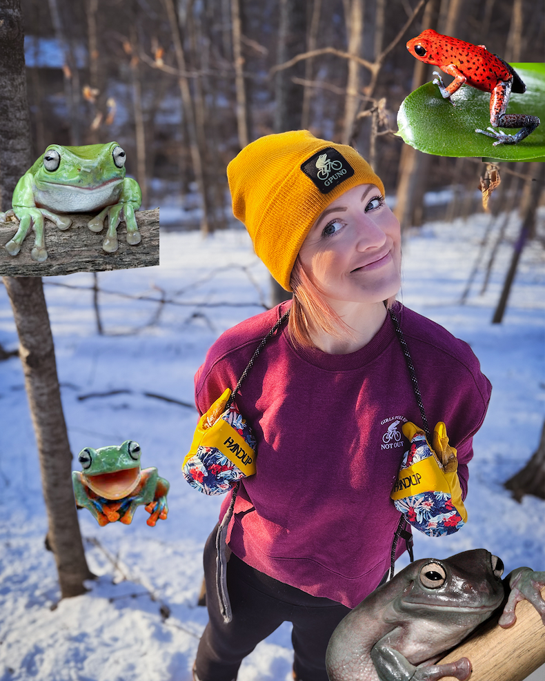 an image of a woman in a yellow hat and a red shirt