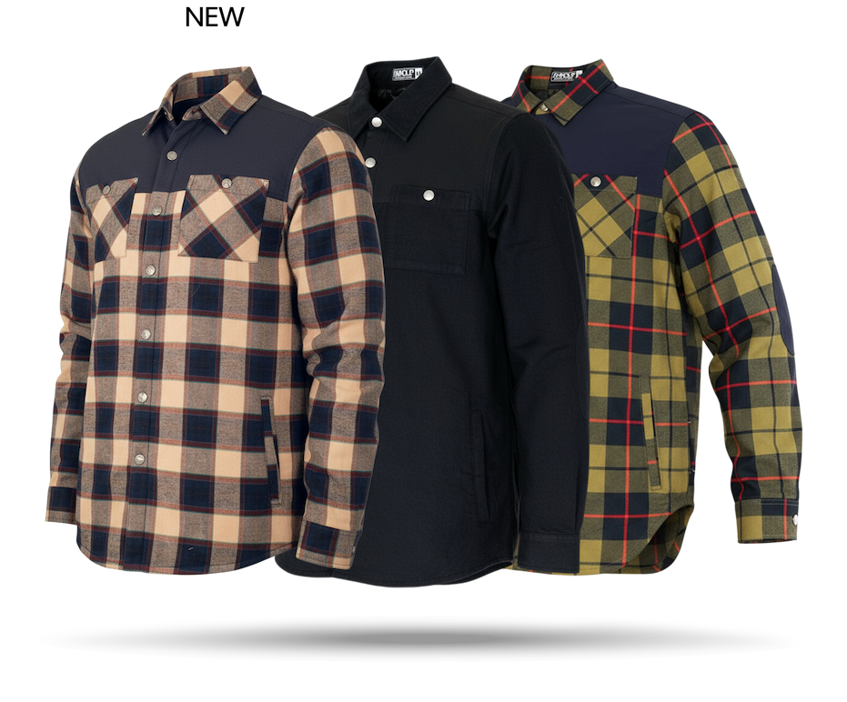 Three flannel jackets are in a row.