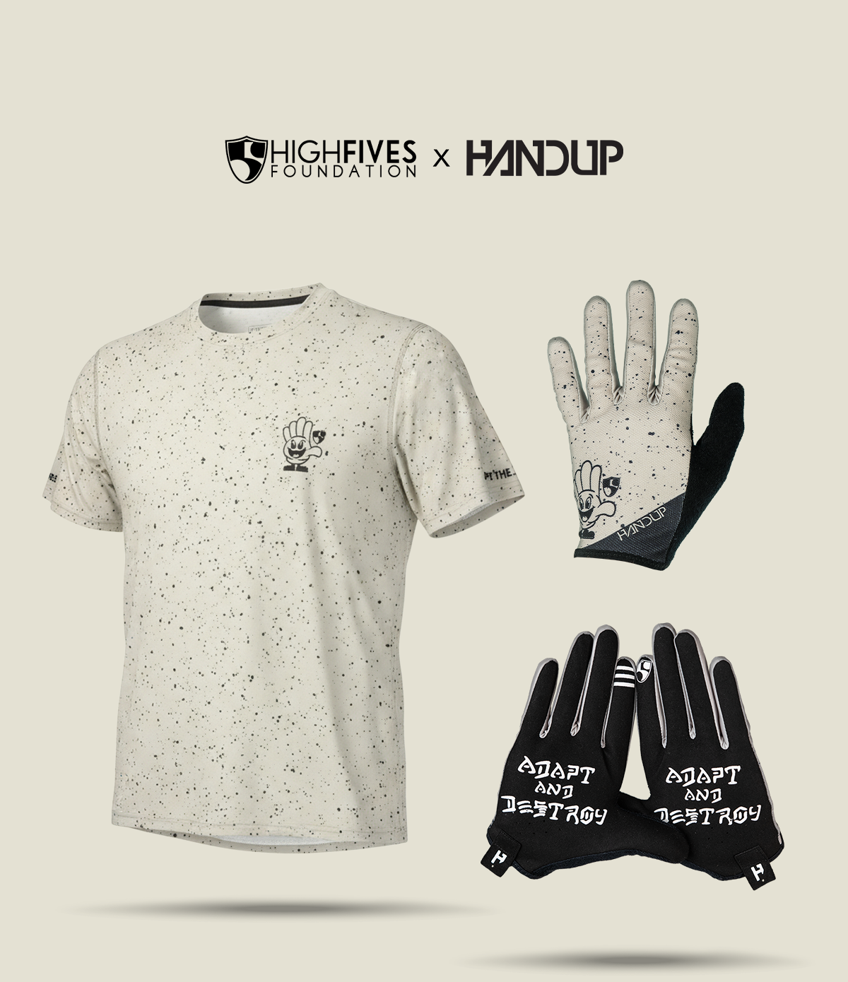 A t shirt and gloves hover in the air with the text that says, adapt and destroy.