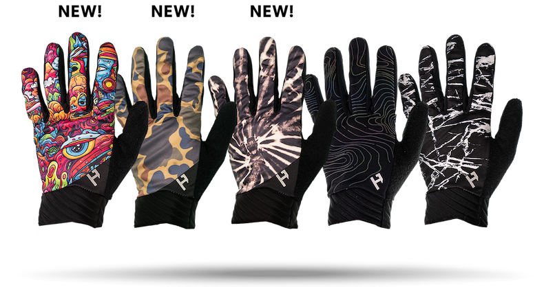 5 pairs of gloves, lined up in a row, with 3 notated as "new"