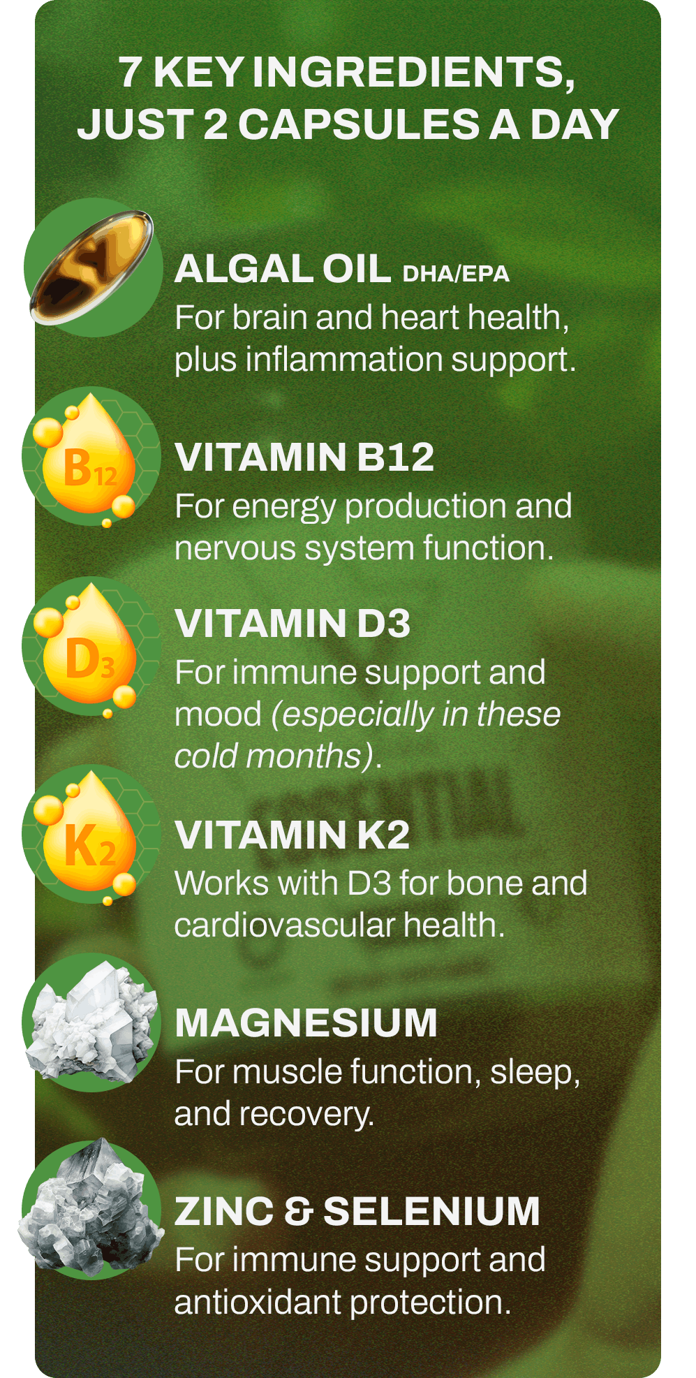 7 KEY INGREDIENTS, JUST 2 CAPSULES A DAY