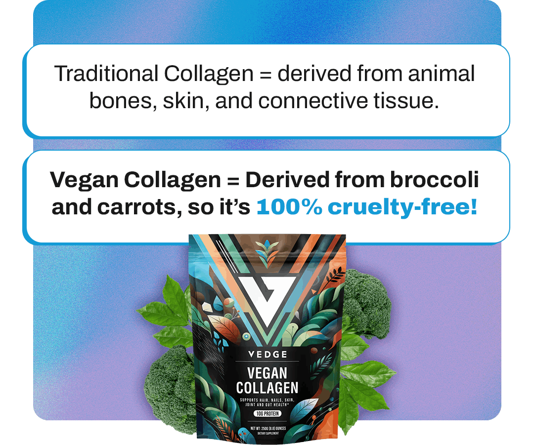 Traditional Collagen = derived from animal bones, skin, and connective tissue. Vegan Collagen = Derived from broccoli and carrots, so it’s 100% cruelty-free!
