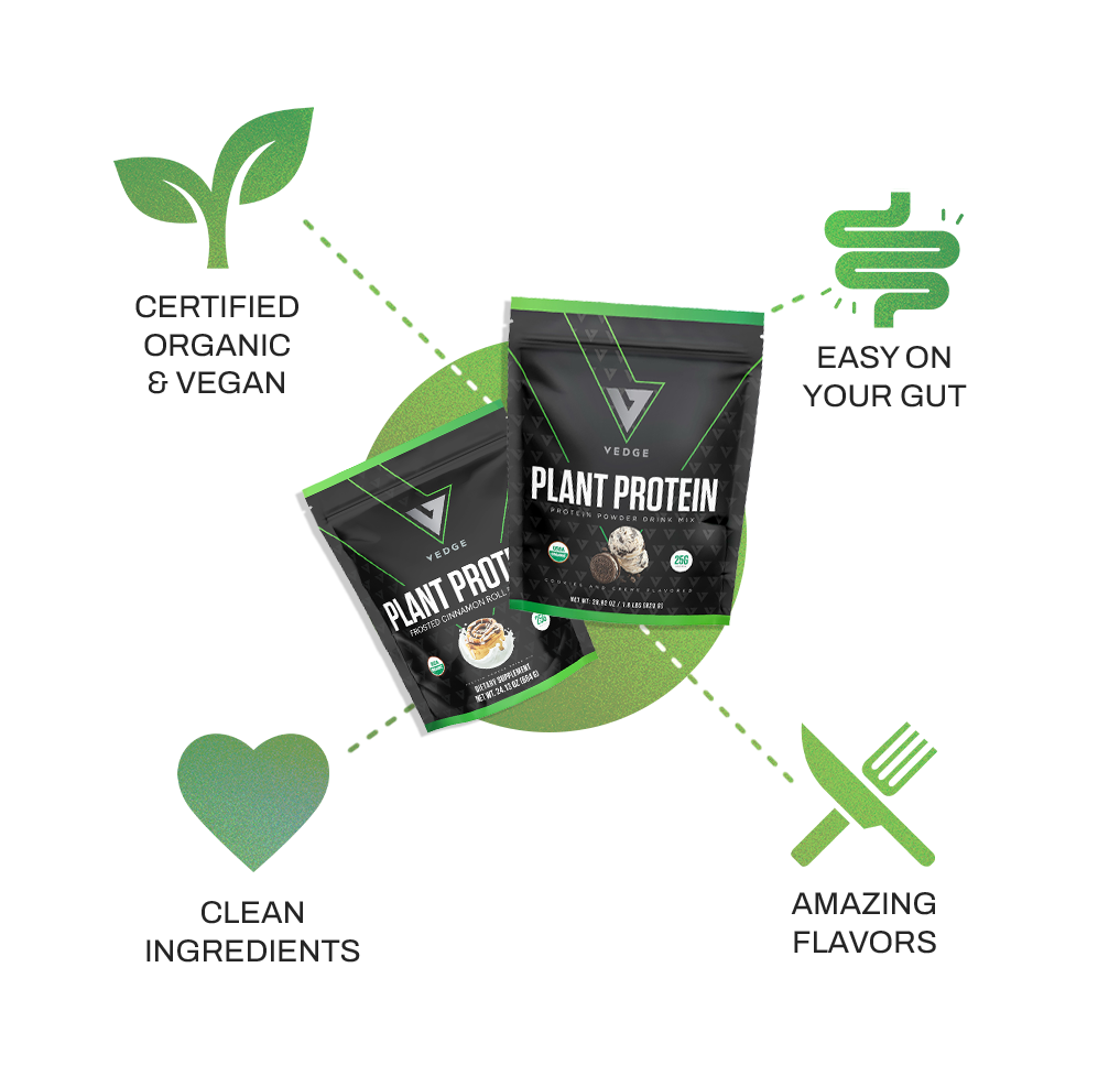 Plant Protein Infographic: AMAZING FLAVORS  EASY ON YOUR GUT  CLEAN INGREDIENTS  CERTIFIED ORGANIC & VEGAN