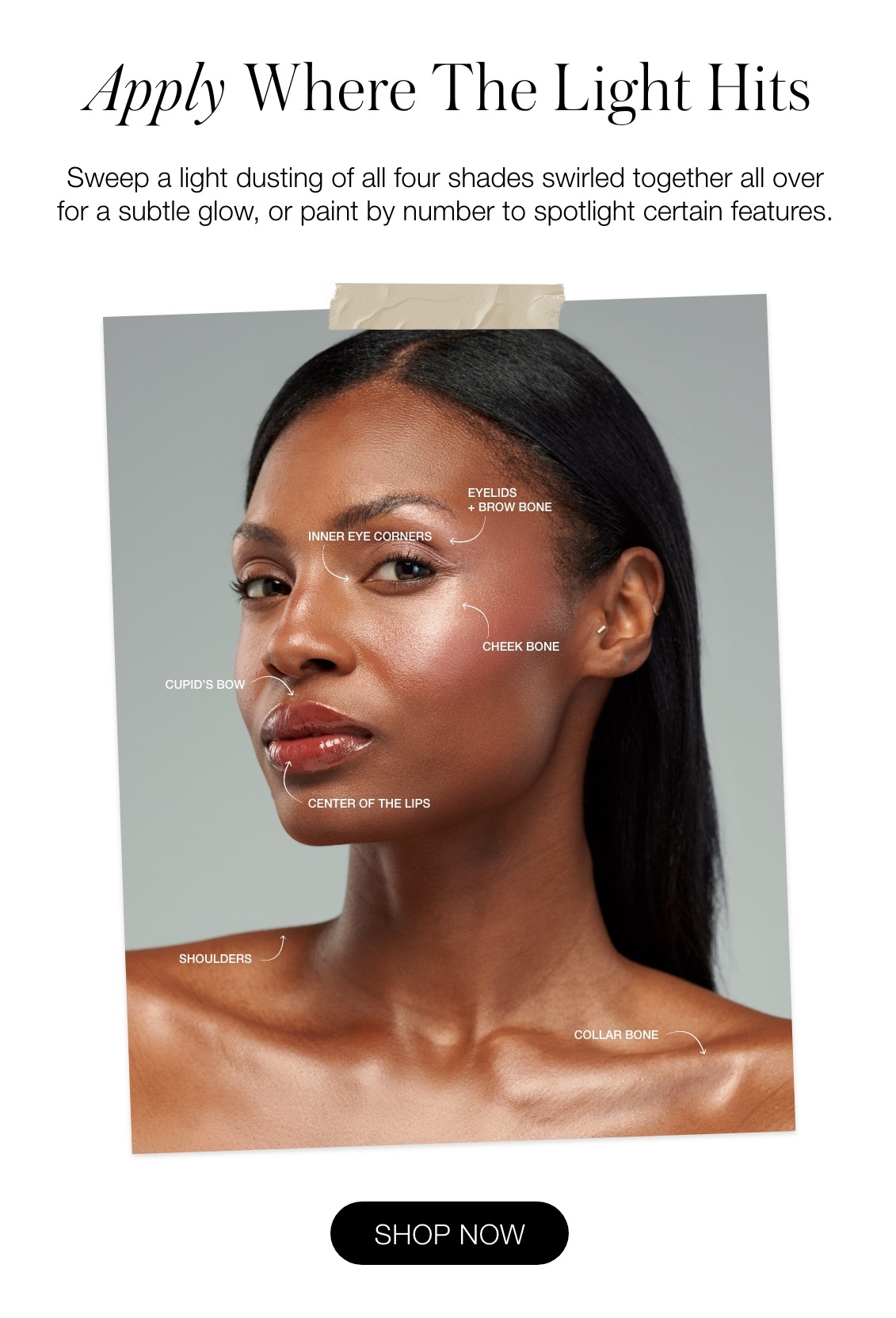 Apply Where The Light Hits: Sweep a light dusting of all four shades siwrled together all over for a subtle glow, or paint by number to spotlight certain features.  Can we shot a model and call out these spots:  Eyelids Cupid's Bow Center of the Lips Inner Corners of Your Eyes Shoulders Collar Bone