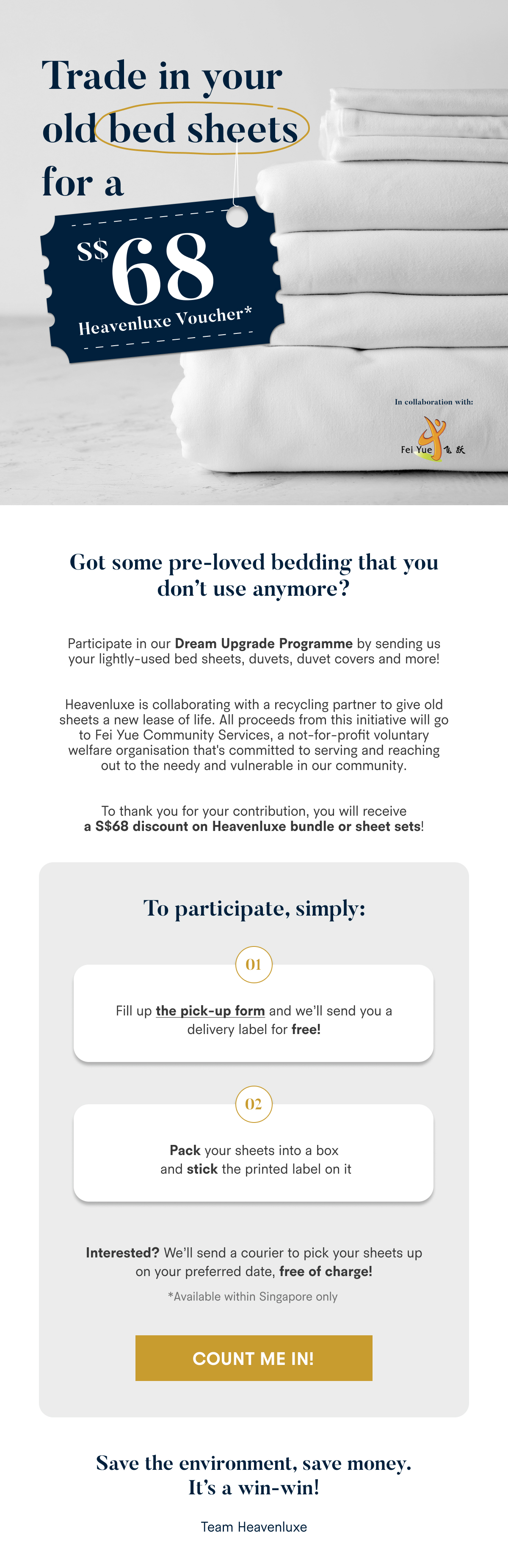 Get S68 off by trading in your used sheets! Heavenluxe