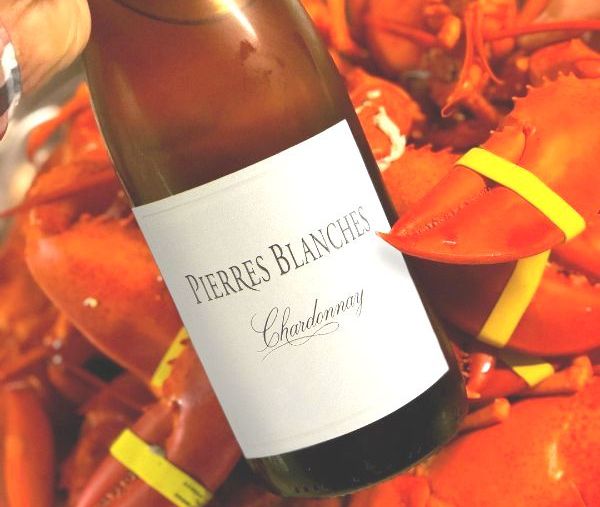 Bottle of Pierres Blanches Chardonnay 2020 by Vignerons Proprietés Associés in front of lobster fins.
