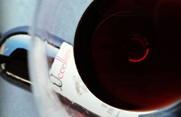 Glass of Uccelliera's Brunello Di Montalcino Riserva DOCG 2015, half full and photographed from above.
