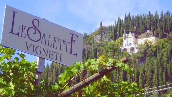 A sign showing "LeSalette Vigneti", producers Amarone Della Valpolicella Classico DOCG Pergole Vece 2016 and View of the chateau on the side of a mountain.
