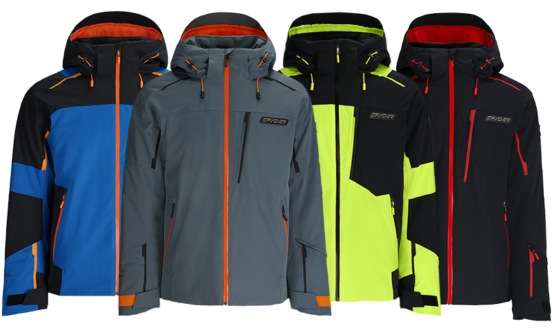 Row of Spyder Leader Ski Jackets in various colors.
