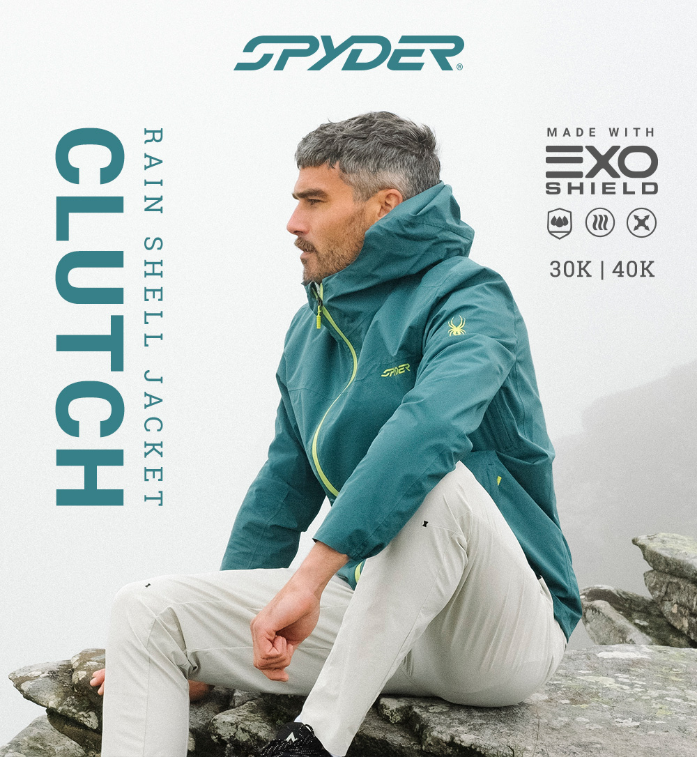 Spyder logo. Clutch Rain Shell Jacket. Made with EXO Shield 30k/40k.