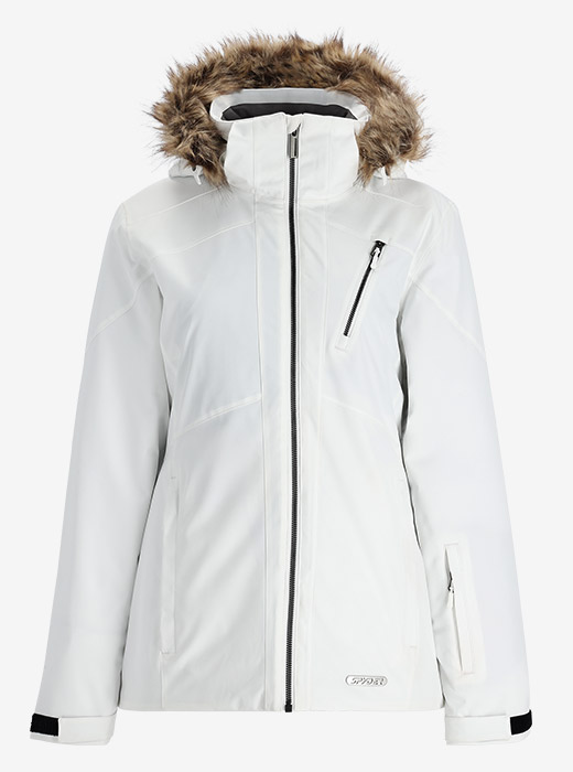 White Spyder ski jacket with faux fur trim on hood